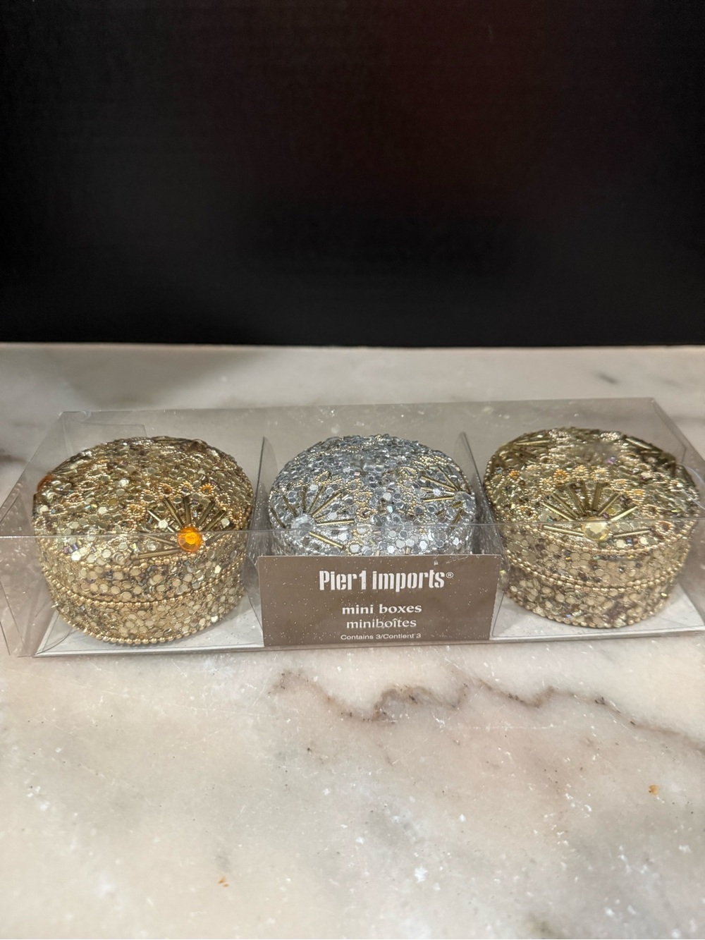 Set of three Pier 1 Imports mini trinket boxes adorned with intricate beading